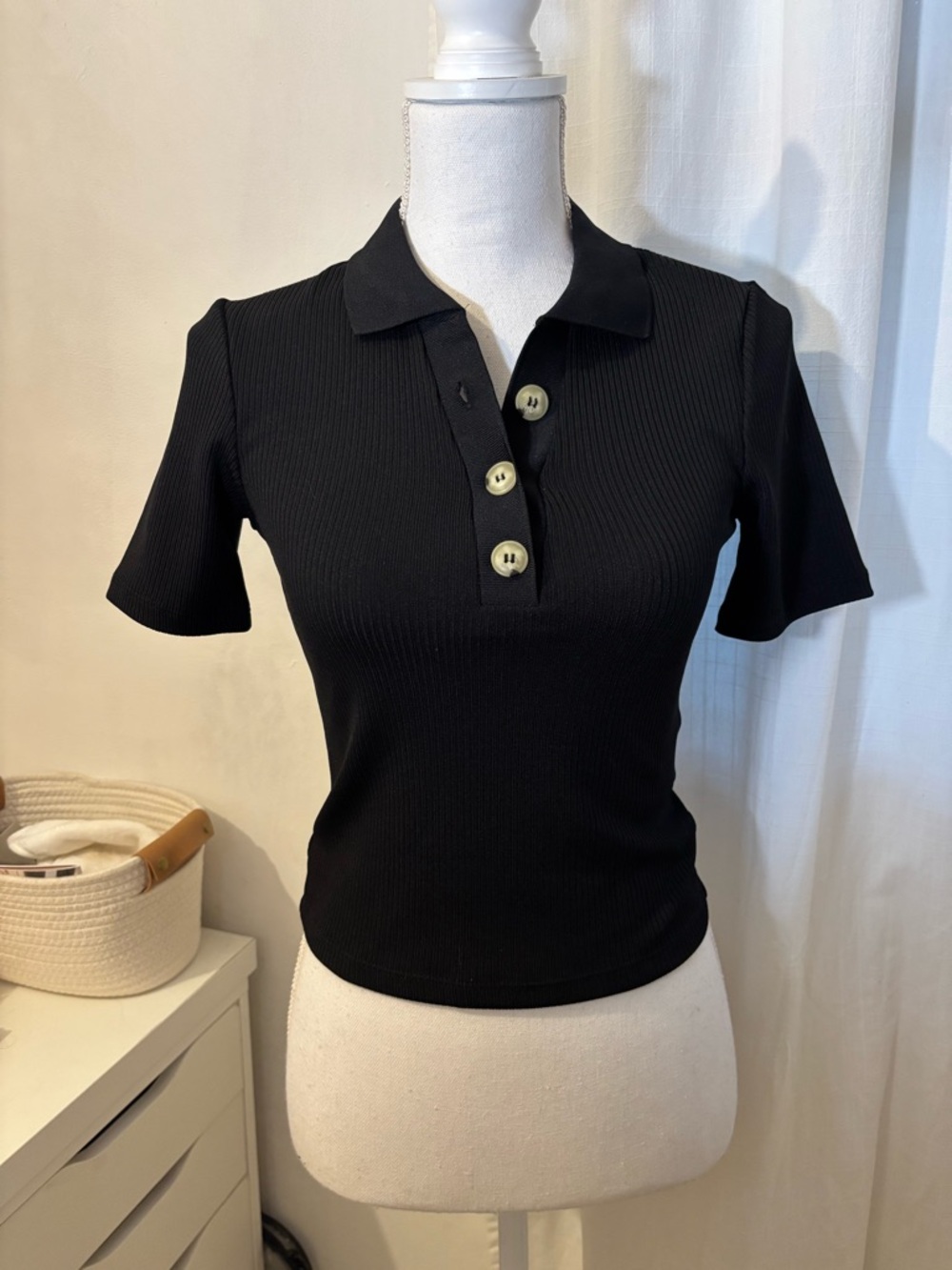 H&M Black Ribbed Polo Top with Buttons